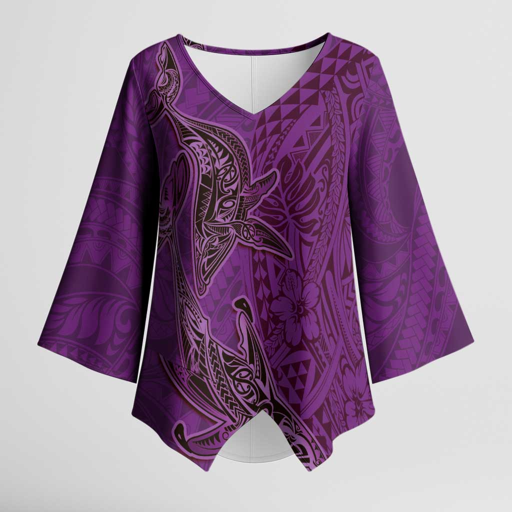 Hawaiian Whales Polynesian Art Motifs Kimono Sleeve Blouse Purple Color - Polynesian Pride