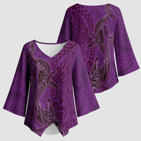 Hawaiian Whales Polynesian Art Motifs Kimono Sleeve Blouse Purple Color - Polynesian Pride
