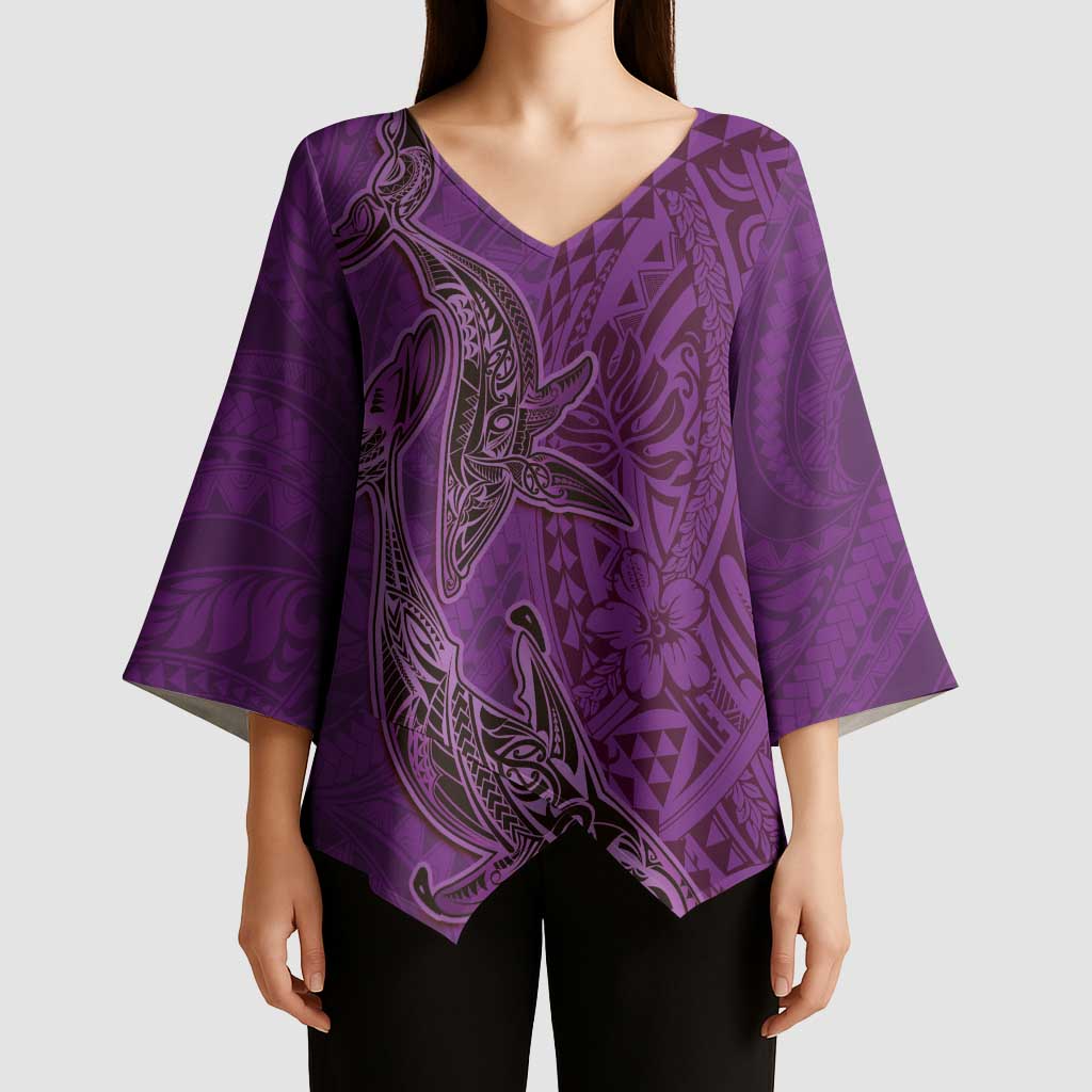 Hawaiian Whales Polynesian Art Motifs Kimono Sleeve Blouse Purple Color - Polynesian Pride