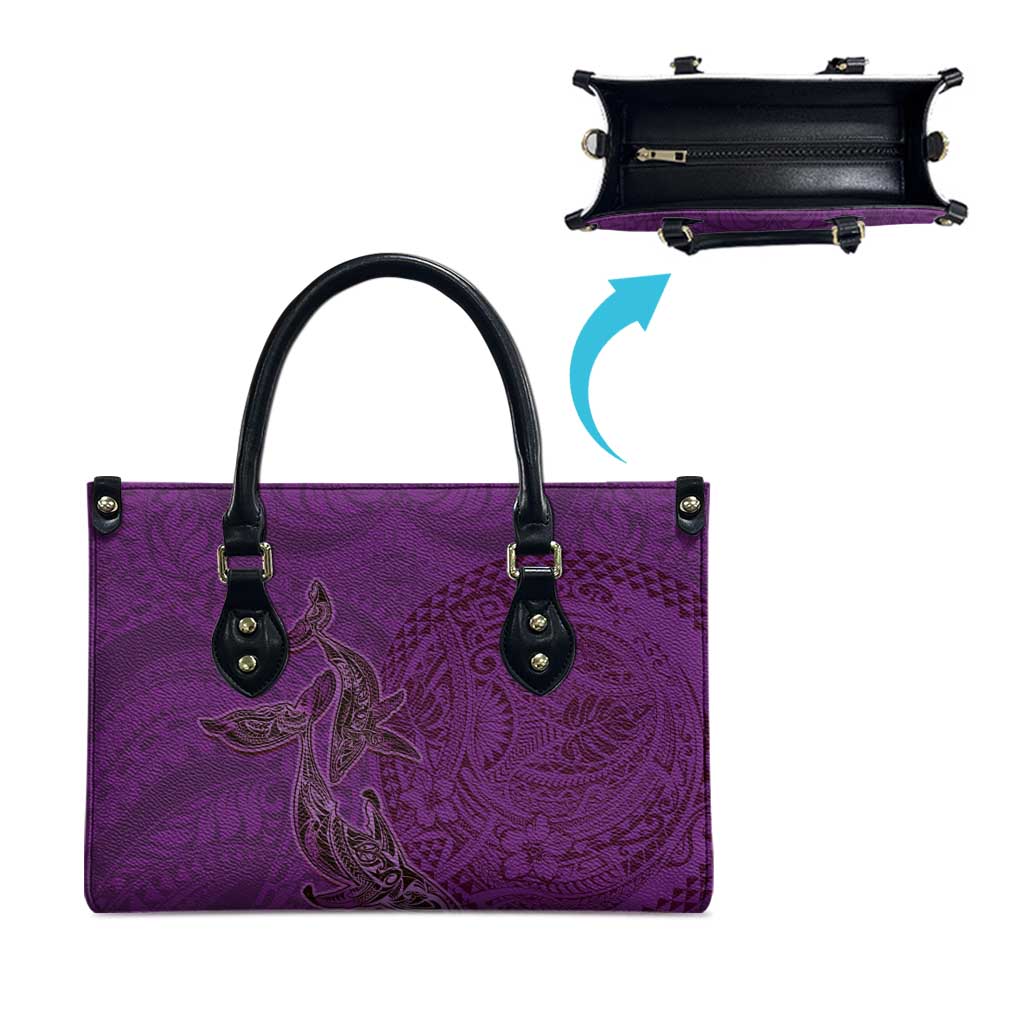 Hawaiian Whales Polynesian Art Motifs Leather Bag Purple Color - Polynesian Pride