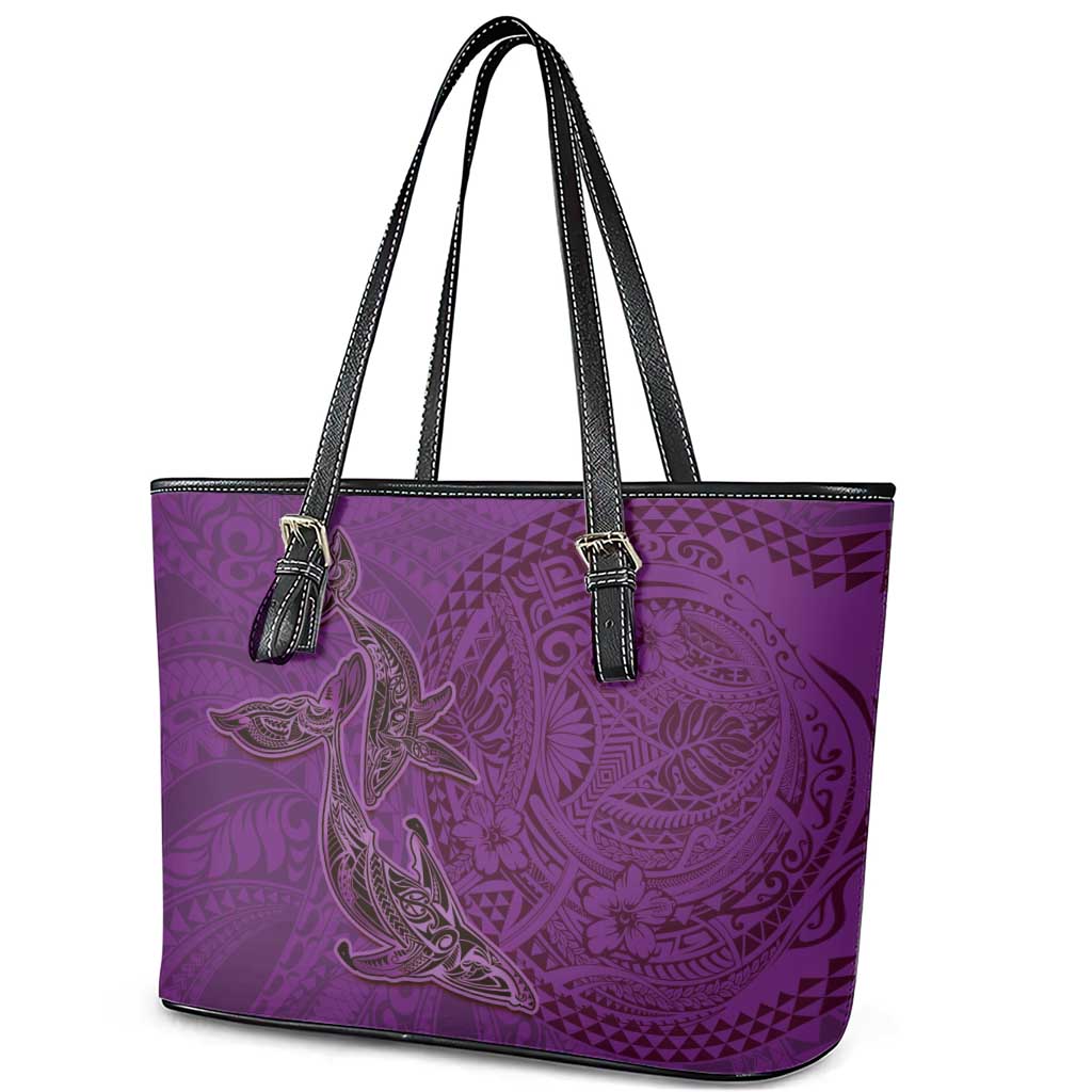 Hawaiian Whales Polynesian Art Motifs Leather Tote Bag Purple Color - Polynesian Pride