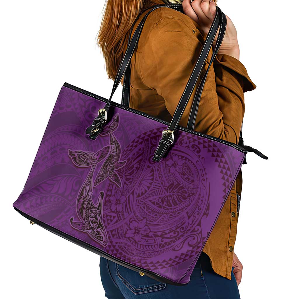 Hawaiian Whales Polynesian Art Motifs Leather Tote Bag Purple Color - Polynesian Pride