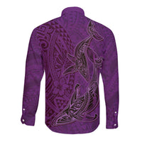 Hawaiian Whales Polynesian Art Motifs Long Sleeve Button Shirt Purple Color - Polynesian Pride