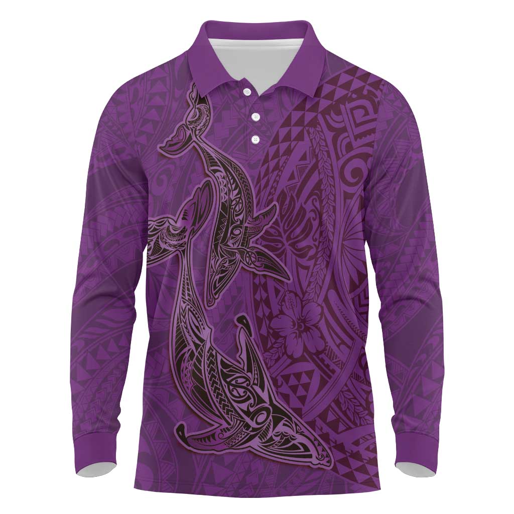 Hawaiian Whales Polynesian Art Motifs Long Sleeve Polo Shirt Purple Color - Polynesian Pride