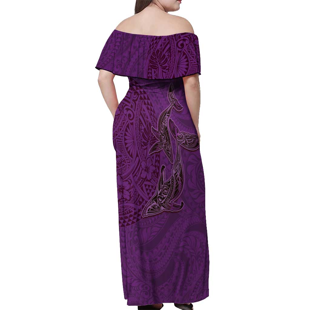 Hawaiian Whales Polynesian Art Motifs Off Shoulder Maxi Dress Purple Color - Polynesian Pride