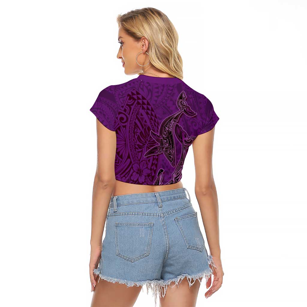 Hawaiian Whales Polynesian Art Motifs Raglan Cropped T Shirt Purple Color - Polynesian Pride