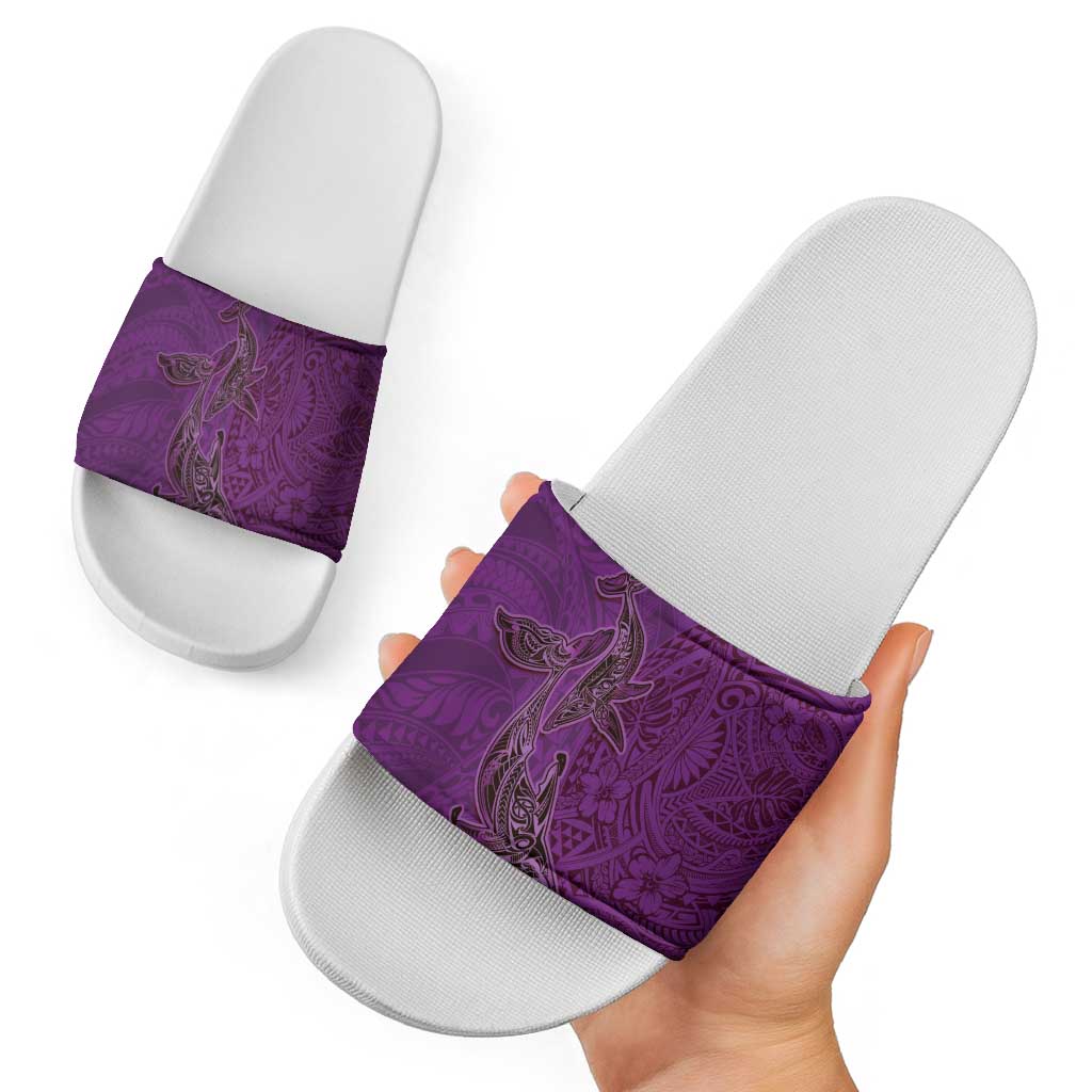 Hawaiian Whales Polynesian Art Motifs Slide Sandals Purple Color - Polynesian Pride