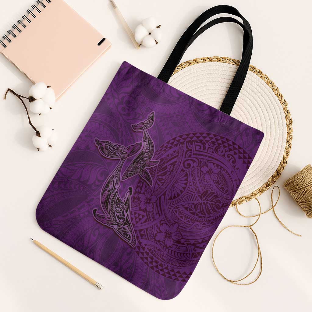 Hawaiian Whales Polynesian Art Motifs Tote Bag Purple Color - Polynesian Pride