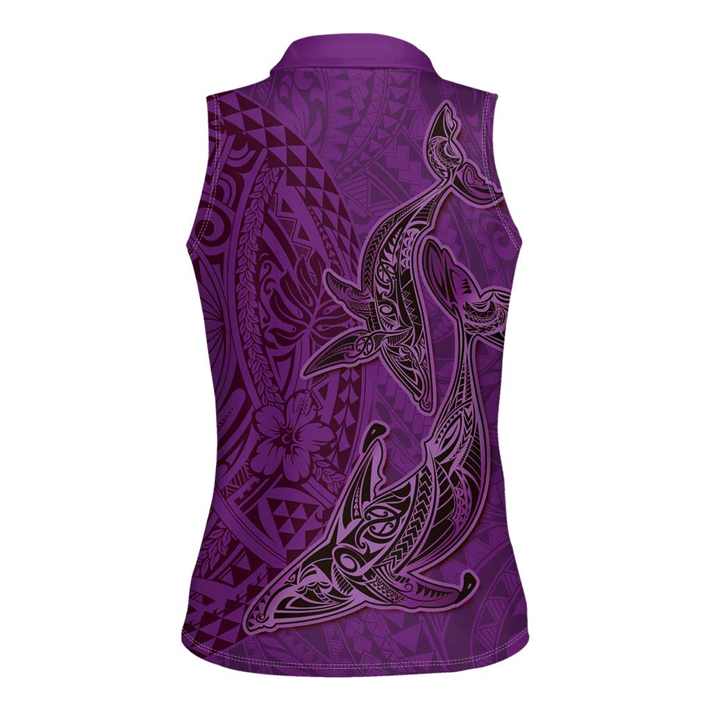 Hawaiian Whales Polynesian Art Motifs Women Sleeveless Polo Shirt Purple Color - Polynesian Pride