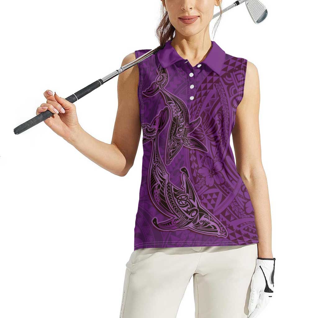 Hawaiian Whales Polynesian Art Motifs Women Sleeveless Polo Shirt Purple Color - Polynesian Pride