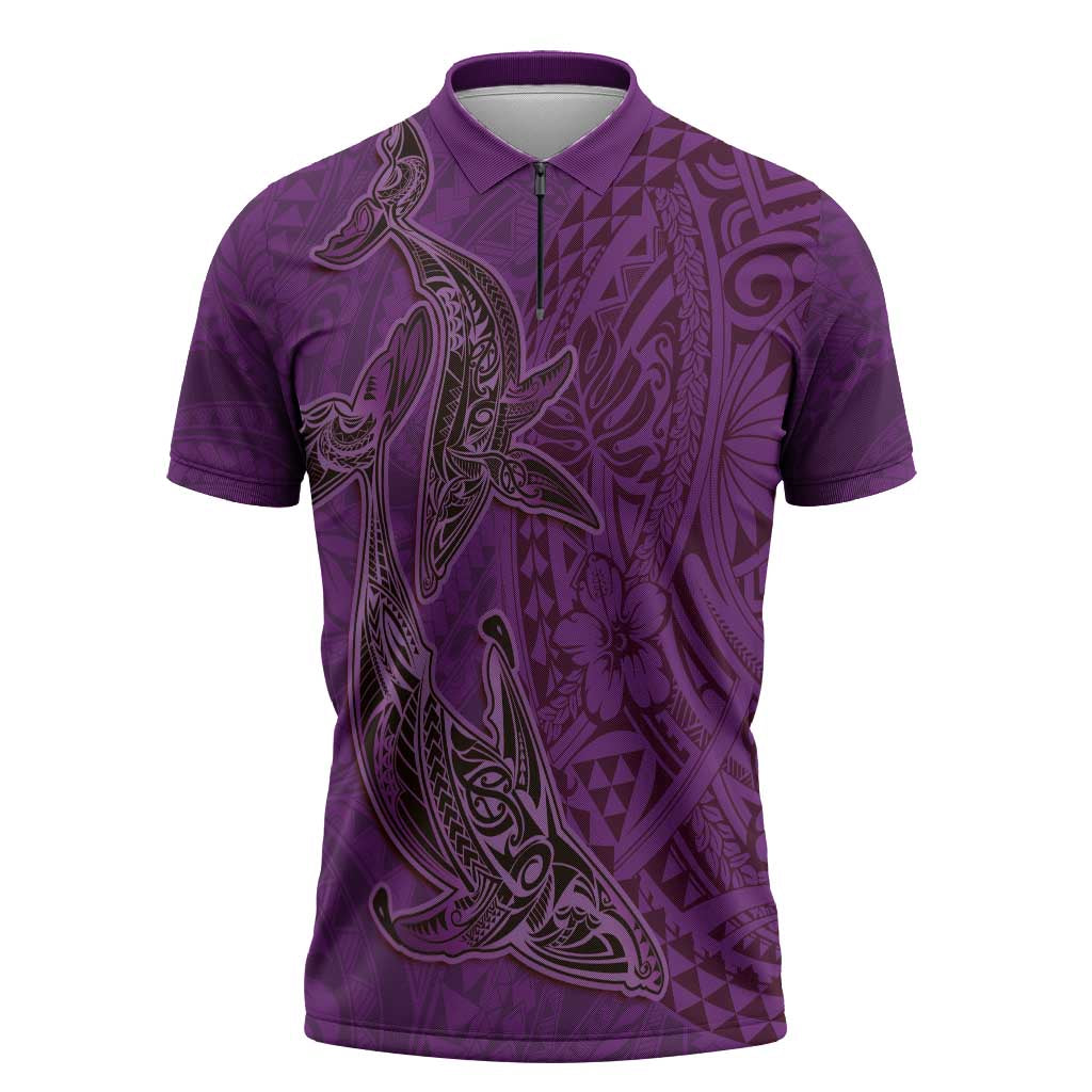Hawaiian Whales Polynesian Art Motifs Zipper Polo Shirt Purple Color - Polynesian Pride
