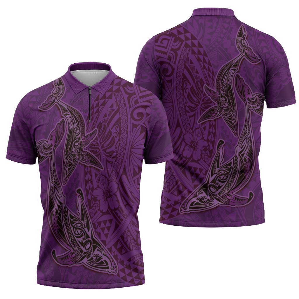Hawaiian Whales Polynesian Art Motifs Zipper Polo Shirt Purple Color - Polynesian Pride