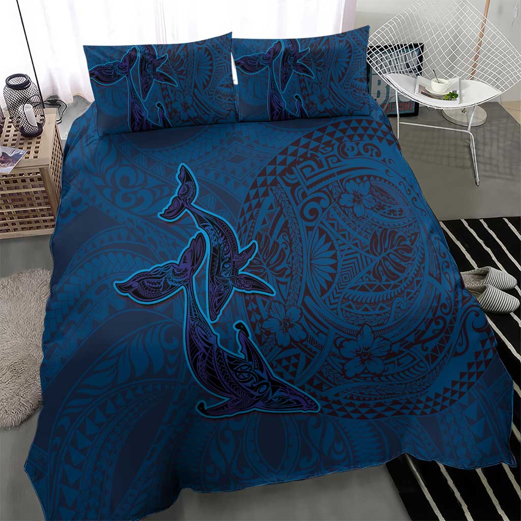 Hawaiian Whales Polynesian Art Motifs Bedding Set Blue Color - Polynesian Pride