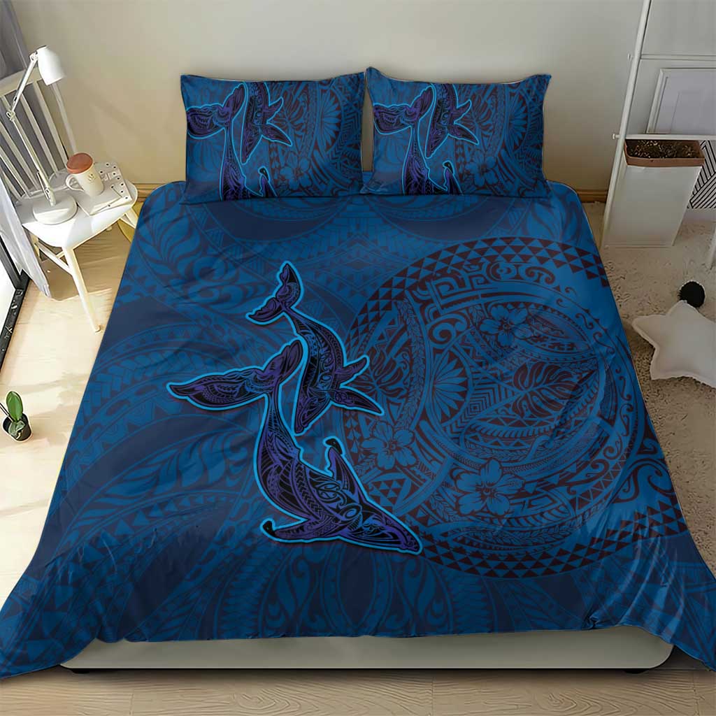 Hawaiian Whales Polynesian Art Motifs Bedding Set Blue Color - Polynesian Pride