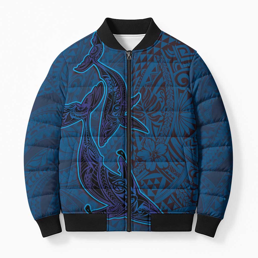 Hawaiian Whales Polynesian Art Motifs Bomber Puffer Jacket Blue Color - Polynesian Pride