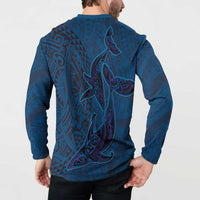 Hawaiian Whales Polynesian Art Motifs Button Sweatshirt Blue Color - Polynesian Pride