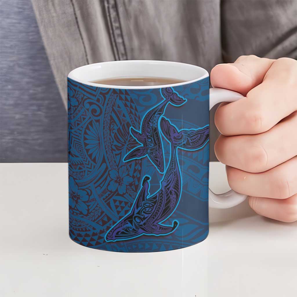 Hawaiian Whales Polynesian Art Motifs Ceramic Mug Blue Color - Polynesian Pride
