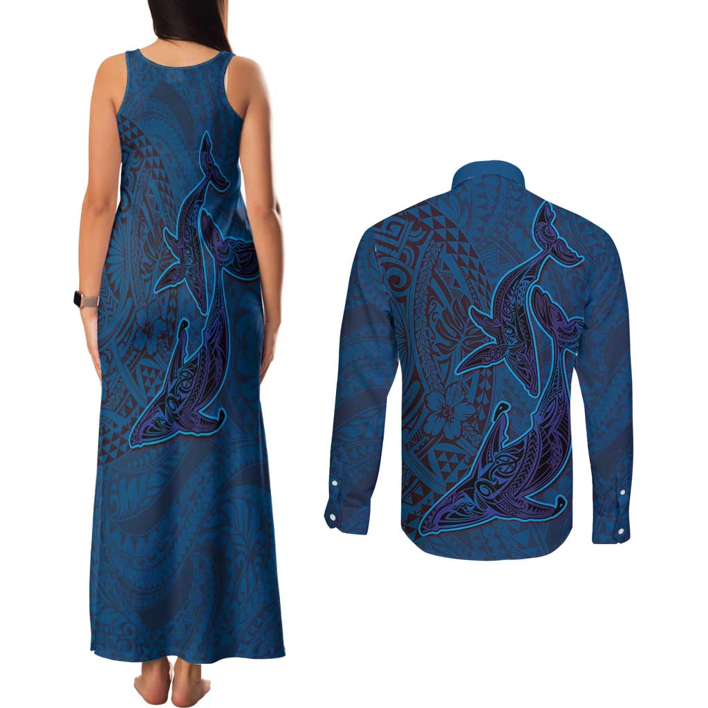 Hawaiian Whales Polynesian Art Motifs Couples Matching Tank Maxi Dress and Long Sleeve Button Shirt Blue Color - Polynesian Pride