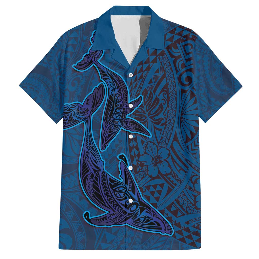 Hawaiian Whales Polynesian Art Motifs Family Matching Long Sleeve Bodycon Dress and Hawaiian Shirt Blue Color LT03 Dad's Shirt - Short Sleeve Blue - Polynesian Pride