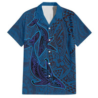 Hawaiian Whales Polynesian Art Motifs Family Matching Long Sleeve Bodycon Dress and Hawaiian Shirt Blue Color LT03 Dad's Shirt - Short Sleeve Blue - Polynesian Pride