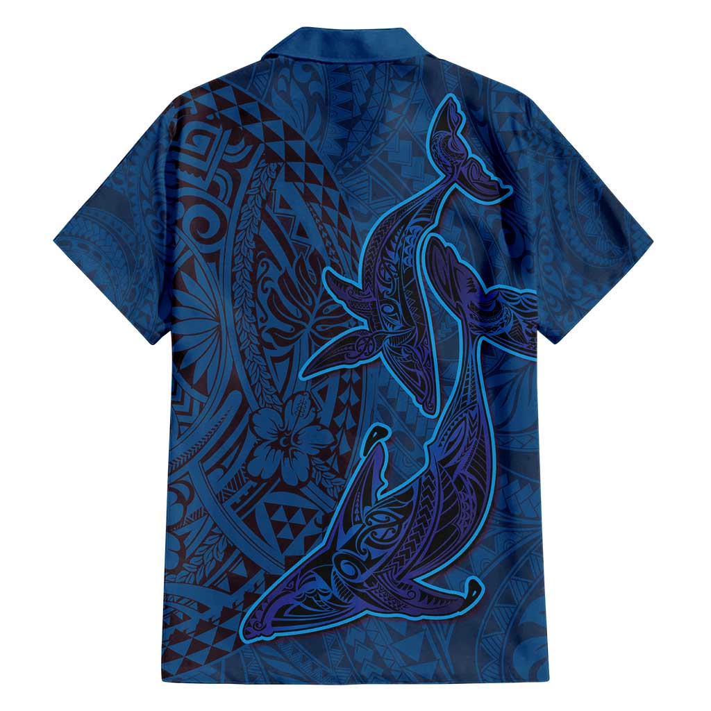 Hawaiian Whales Polynesian Art Motifs Family Matching Long Sleeve Bodycon Dress and Hawaiian Shirt Blue Color LT03 - Polynesian Pride