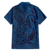 Hawaiian Whales Polynesian Art Motifs Family Matching Long Sleeve Bodycon Dress and Hawaiian Shirt Blue Color LT03 - Polynesian Pride