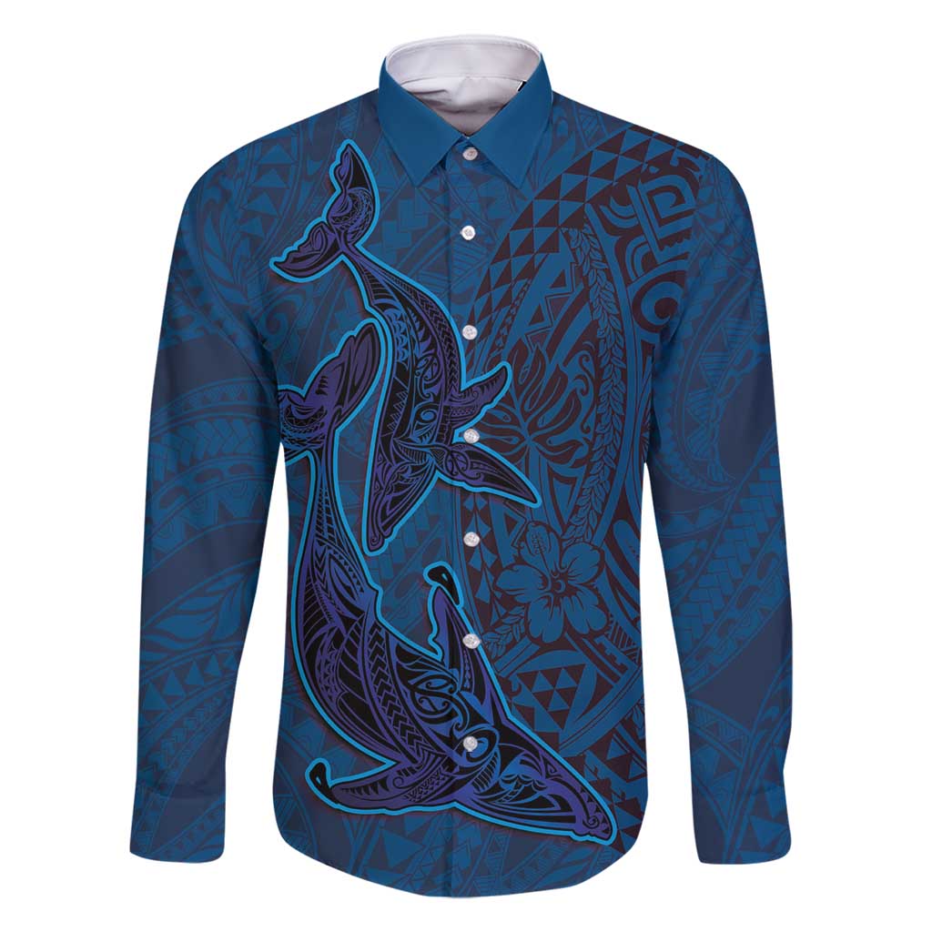 Hawaiian Whales Polynesian Art Motifs Family Matching Long Sleeve Bodycon Dress and Hawaiian Shirt Blue Color LT03 Dad's Shirt - Long Sleeve Blue - Polynesian Pride