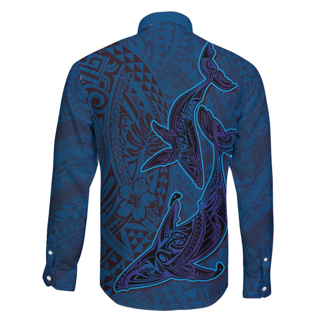 Hawaiian Whales Polynesian Art Motifs Family Matching Long Sleeve Bodycon Dress and Hawaiian Shirt Blue Color LT03 - Polynesian Pride