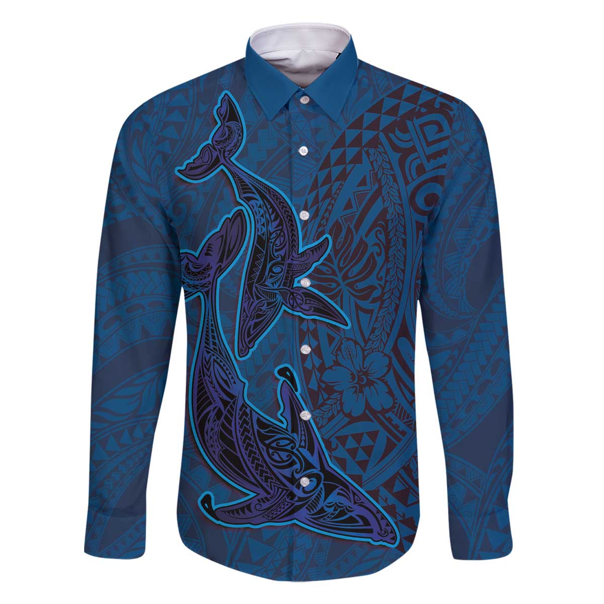 Hawaiian Whales Polynesian Art Motifs Family Matching Off The Shoulder Long Sleeve Dress and Hawaiian Shirt Blue Color - Polynesian Pride