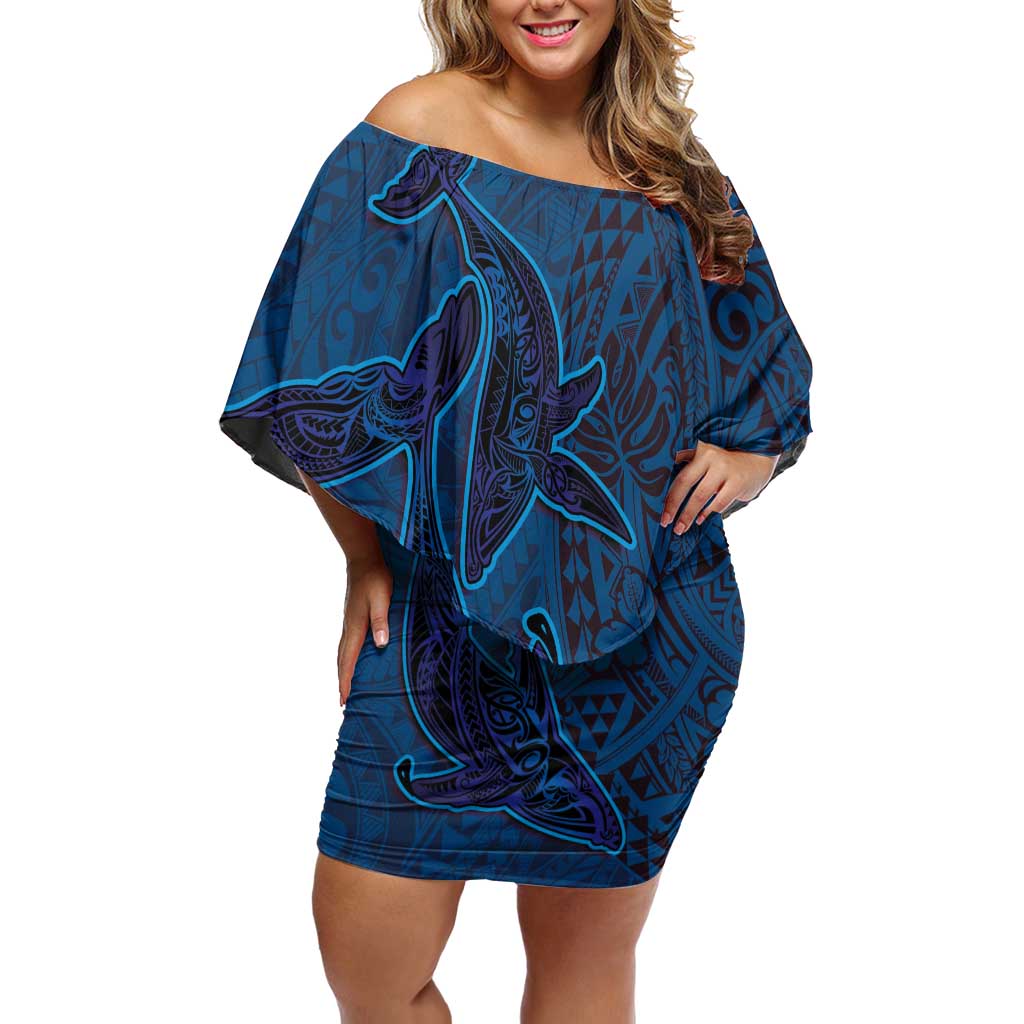 Hawaiian Whales Polynesian Art Motifs Family Matching Off Shoulder Short Dress and Hawaiian Shirt Blue Color - Polynesian Pride