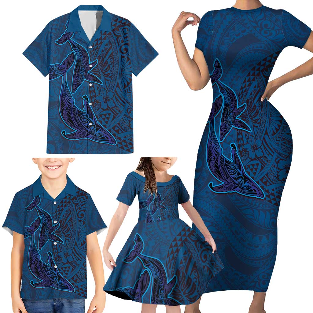 Hawaiian Whales Polynesian Art Motifs Family Matching Short Sleeve Bodycon Dress and Hawaiian Shirt Blue Color - Polynesian Pride