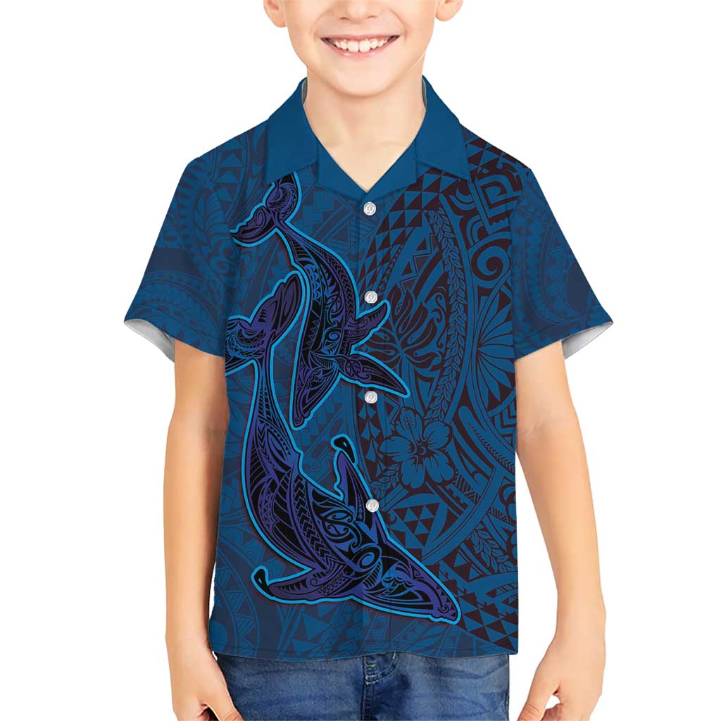 Hawaiian Whales Polynesian Art Motifs Family Matching Short Sleeve Bodycon Dress and Hawaiian Shirt Blue Color - Polynesian Pride