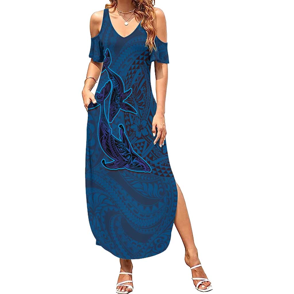 Hawaiian Whales Polynesian Art Motifs Family Matching Summer Maxi Dress and Hawaiian Shirt Blue Color - Polynesian Pride