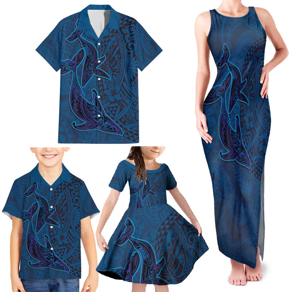 Hawaiian Whales Polynesian Art Motifs Family Matching Tank Maxi Dress and Hawaiian Shirt Blue Color - Polynesian Pride