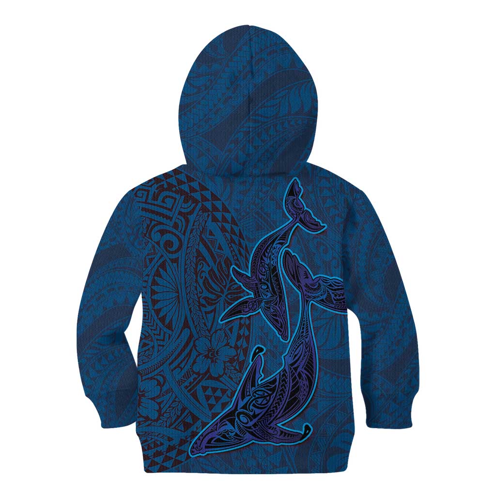 Hawaiian Whales Polynesian Art Motifs Kid Hoodie Blue Color - Polynesian Pride