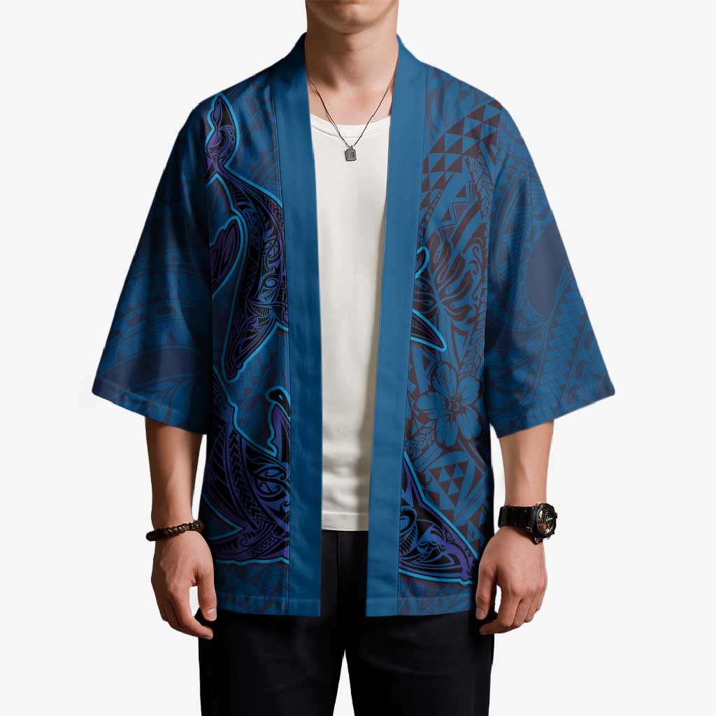 Hawaiian Whales Polynesian Art Motifs Kimono Blue Color - Polynesian Pride