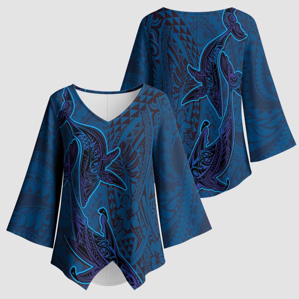 Hawaiian Whales Polynesian Art Motifs Kimono Sleeve Blouse Blue Color - Polynesian Pride