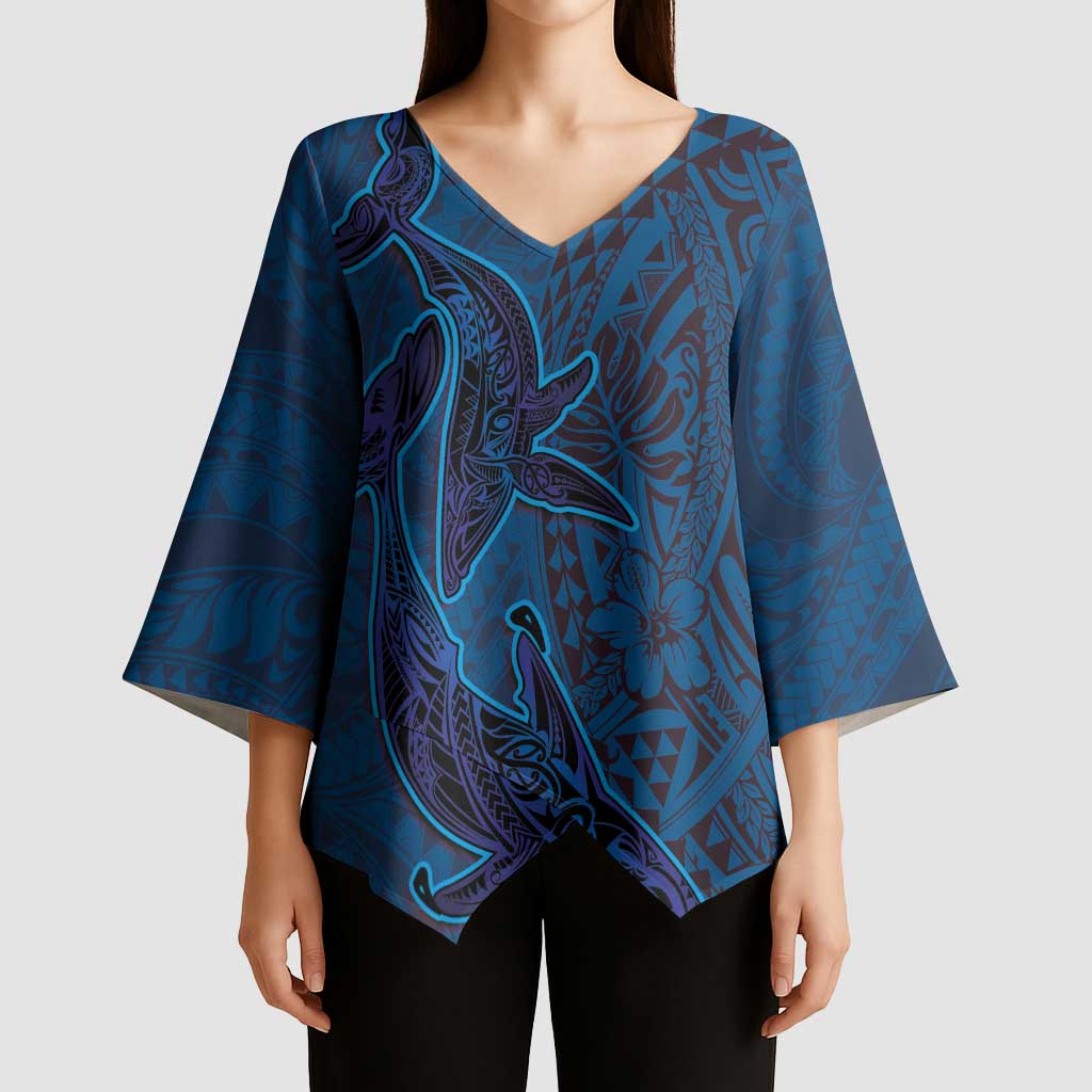 Hawaiian Whales Polynesian Art Motifs Kimono Sleeve Blouse Blue Color - Polynesian Pride