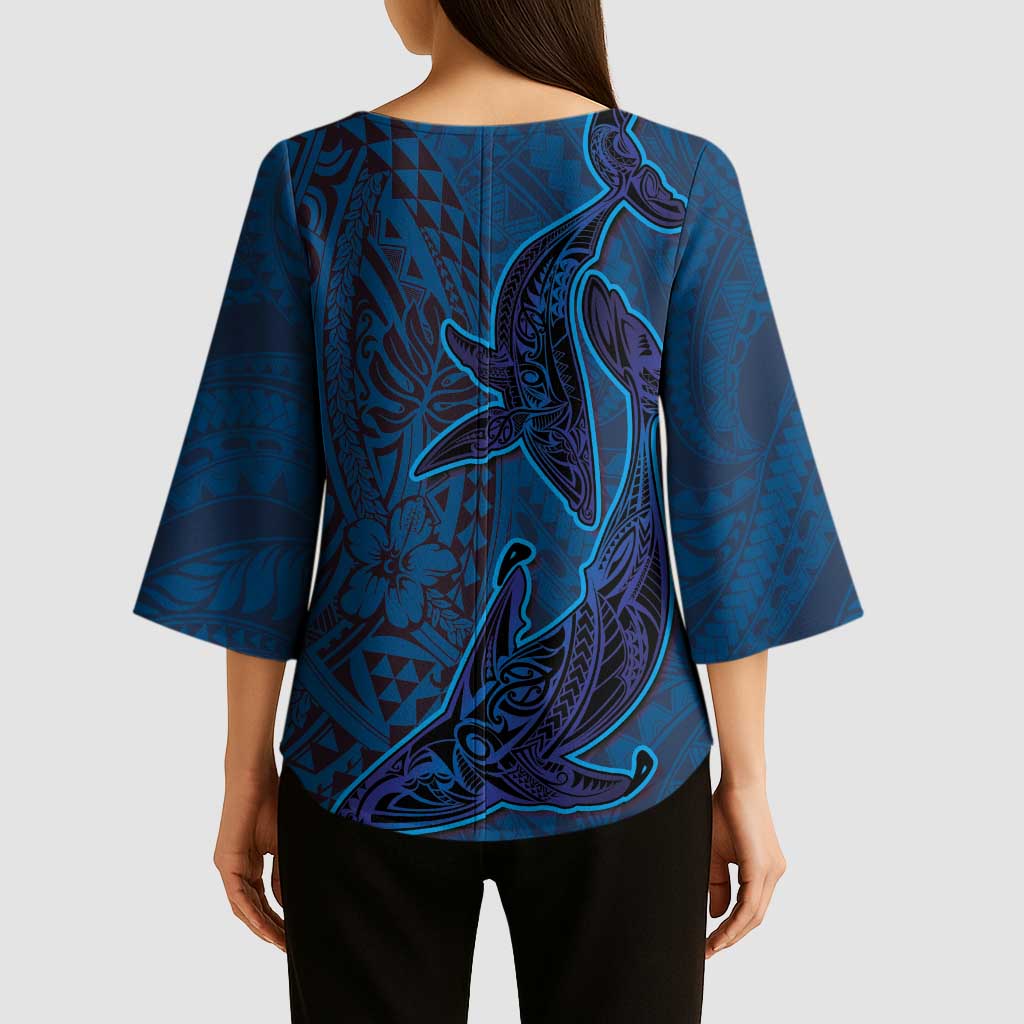 Hawaiian Whales Polynesian Art Motifs Kimono Sleeve Blouse Blue Color - Polynesian Pride