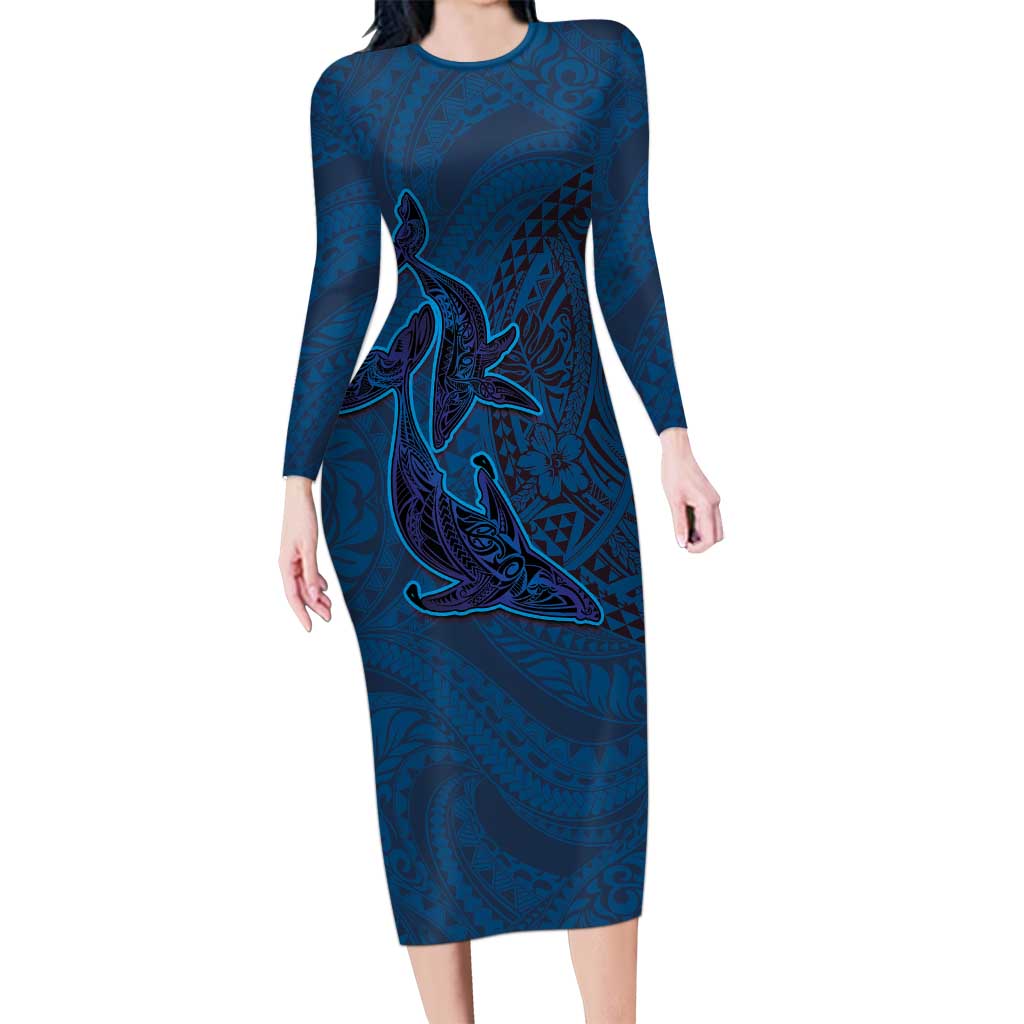 Hawaiian Whales Polynesian Art Motifs Long Sleeve Bodycon Dress Blue Color LT03 Long Dress Blue - Polynesian Pride