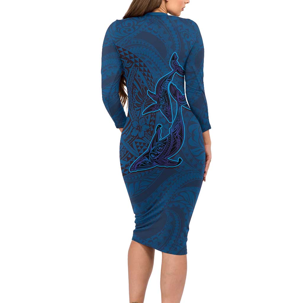 Hawaiian Whales Polynesian Art Motifs Long Sleeve Bodycon Dress Blue Color LT03 - Polynesian Pride