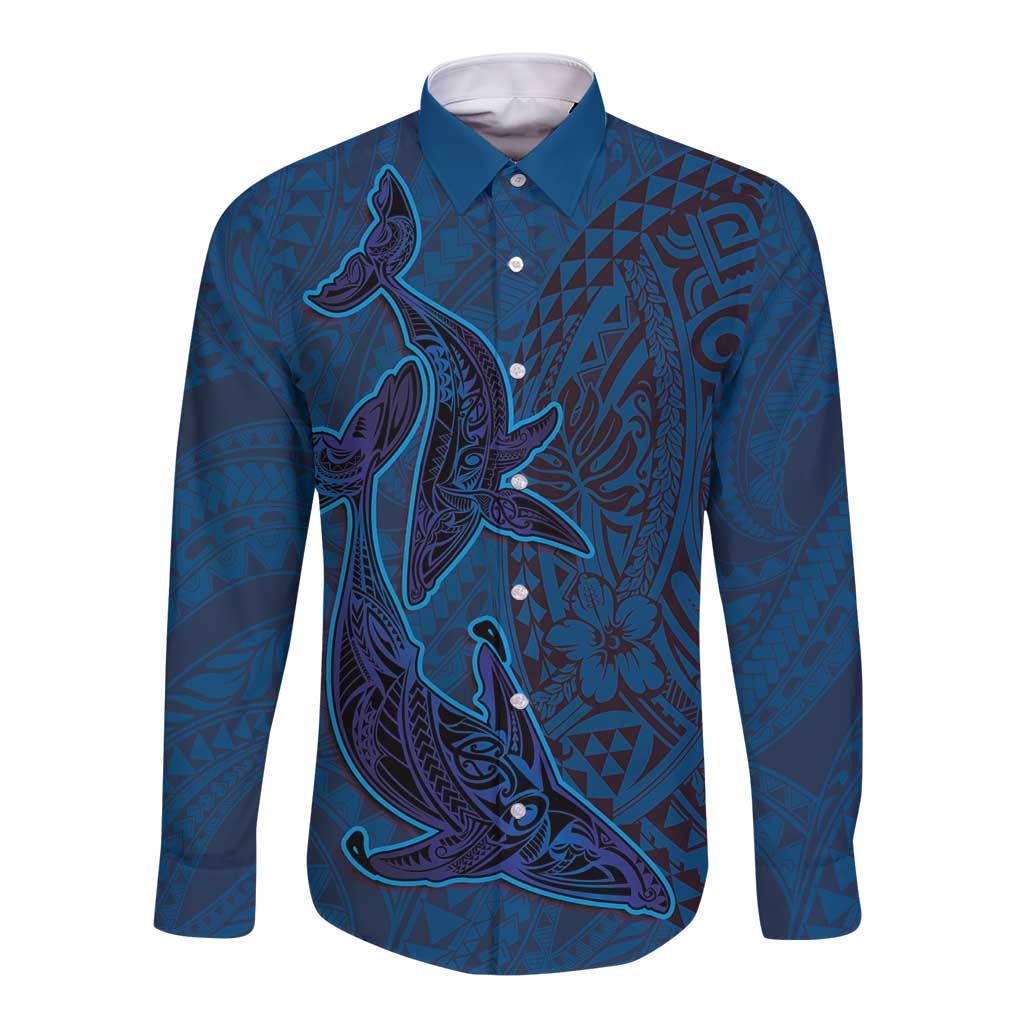 Hawaiian Whales Polynesian Art Motifs Long Sleeve Button Shirt Blue Color - Polynesian Pride