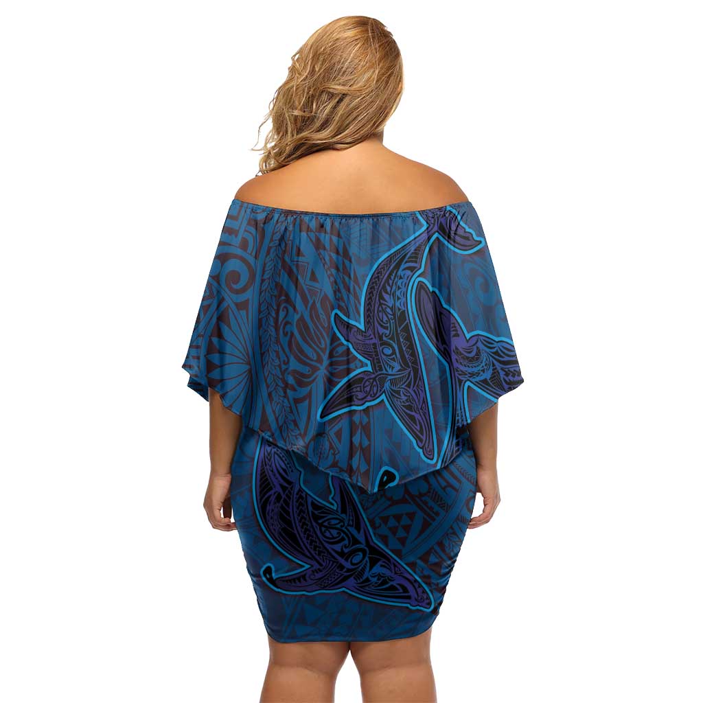 Hawaiian Whales Polynesian Art Motifs Off Shoulder Short Dress Blue Color - Polynesian Pride