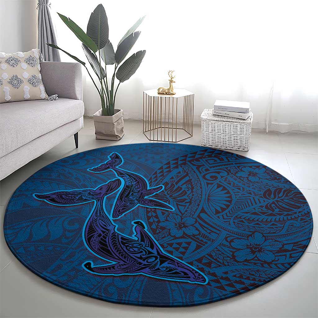 Hawaiian Whales Polynesian Art Motifs Round Carpet Blue Color - Polynesian Pride