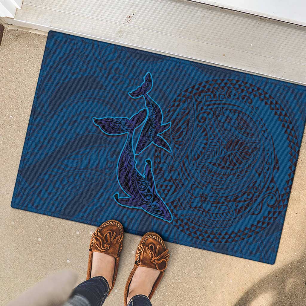 Hawaiian Whales Polynesian Art Motifs Rubber Doormat Blue Color - Polynesian Pride