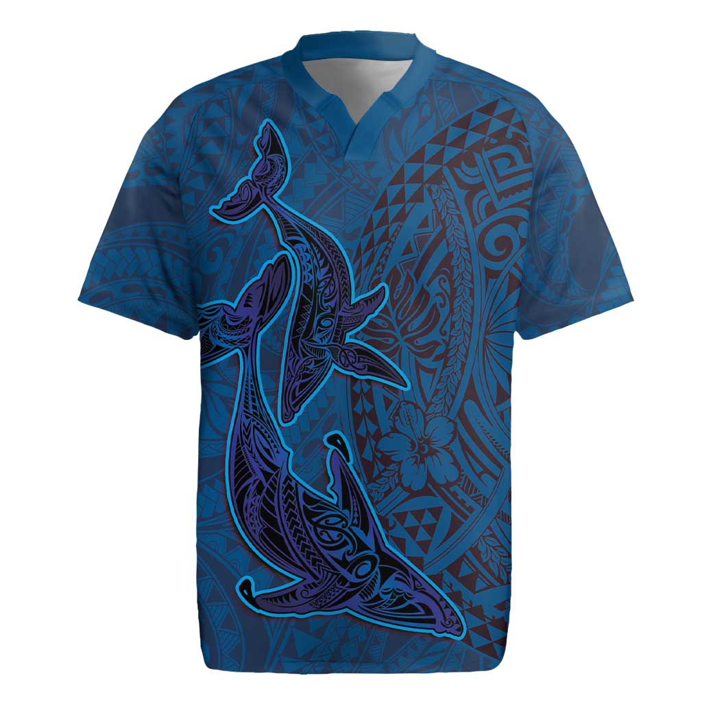 Hawaiian Whales Polynesian Art Motifs Rugby Jersey Blue Color - Polynesian Pride