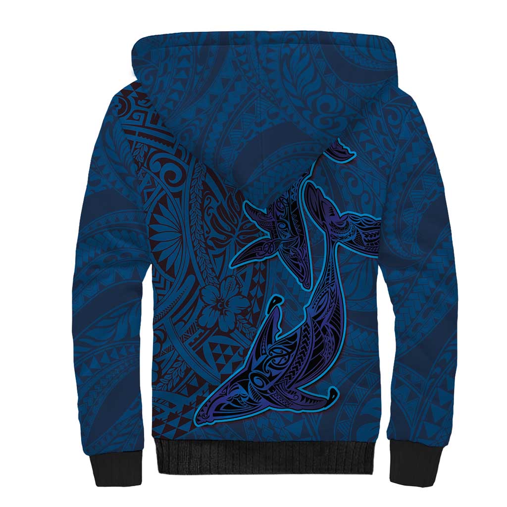 Hawaiian Whales Polynesian Art Motifs Sherpa Hoodie Blue Color - Polynesian Pride