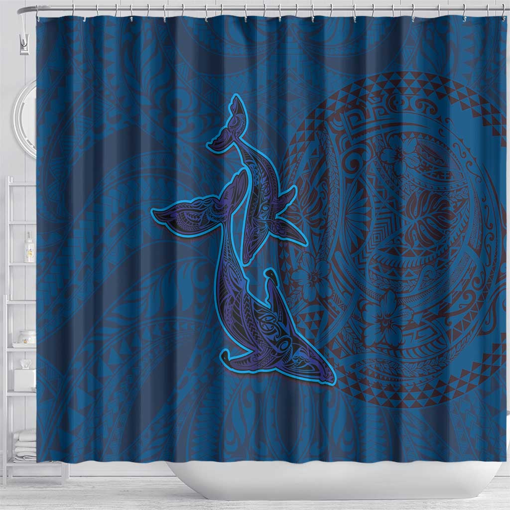 Hawaiian Whales Polynesian Art Motifs Shower Curtain Blue Color - Polynesian Pride