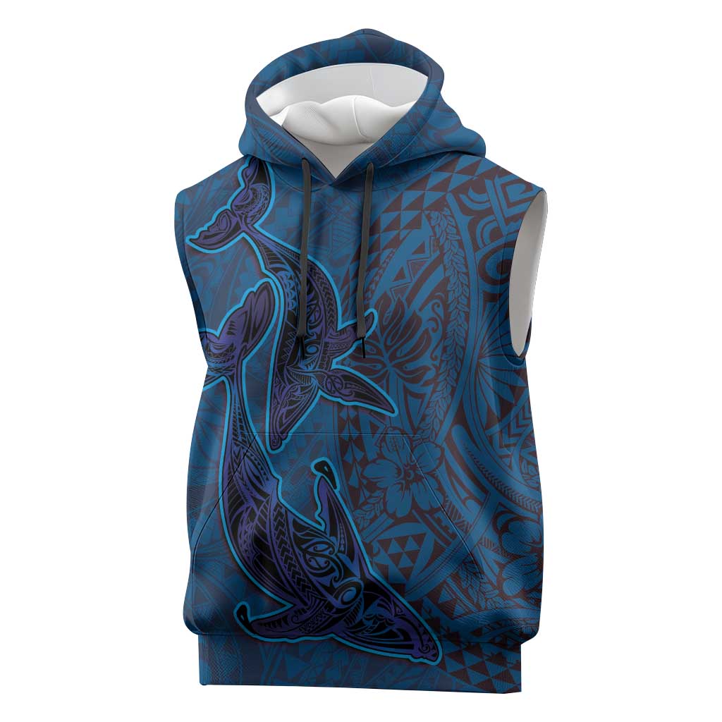 Hawaiian Whales Polynesian Art Motifs Sleeveless Hoodie Blue Color - Polynesian Pride