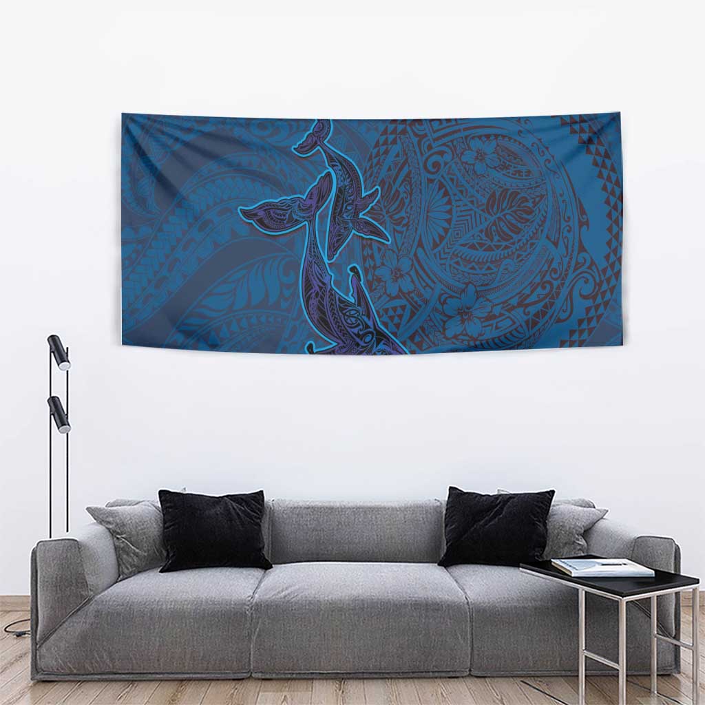 Hawaiian Whales Polynesian Art Motifs Tapestry Blue Color - Polynesian Pride